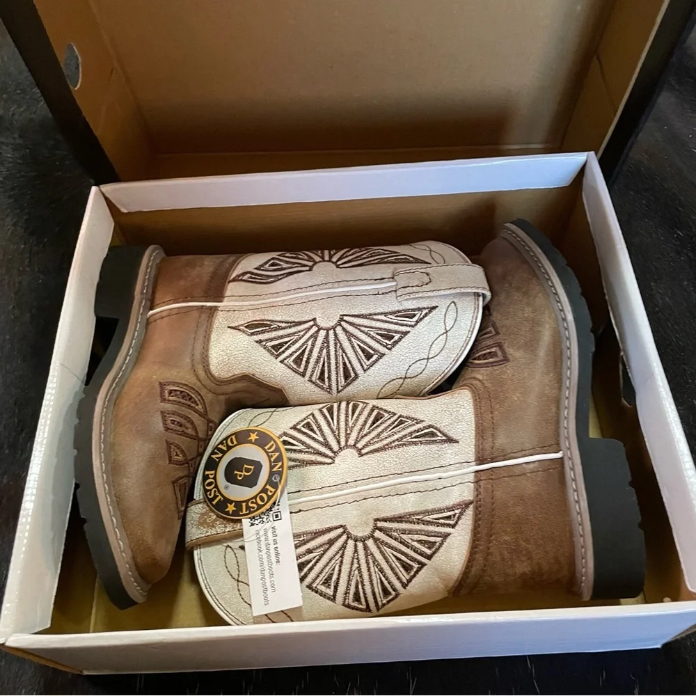 Dan Post Lil' Kite Days Western Cowboy Boots Girls Square‎ Toe Tan White NIB